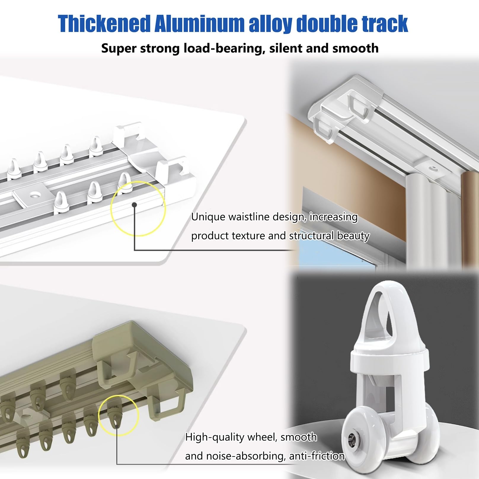 Tringle à rideaux silencieuse à rails à double rangée, rail rideaux plafond pour chambre à coucher, salon, rideaux occultants(Wit,2.2m(7.2ft))