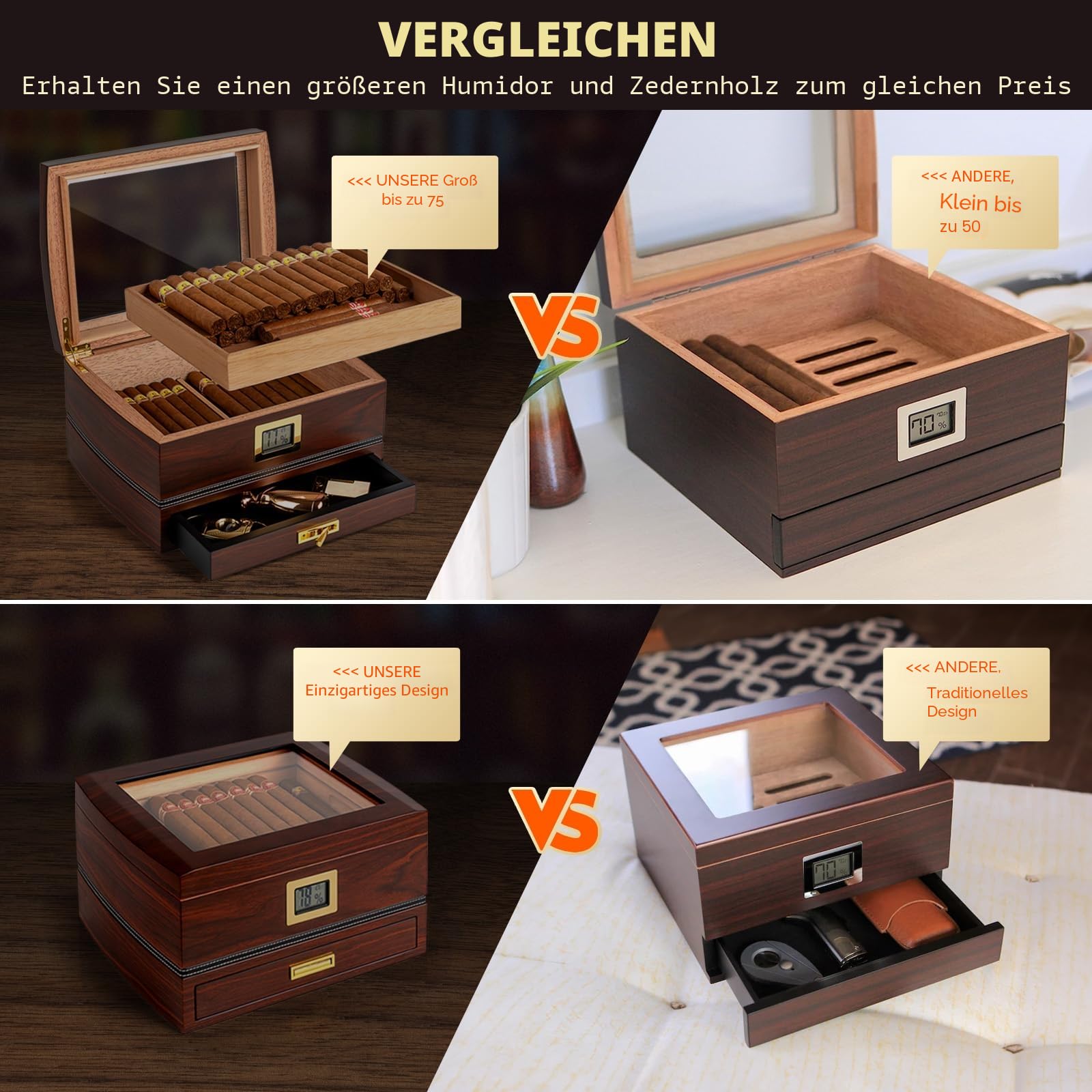 Zigarren Humidore, Humidor-Zigarren, Spanische Zeder Hölzerne Zigarrenbox,mit Humidor Befeuchter,Hygrometer,Teiler,Geschenke für Zigarren-Liebhaber(75 Zigarren)