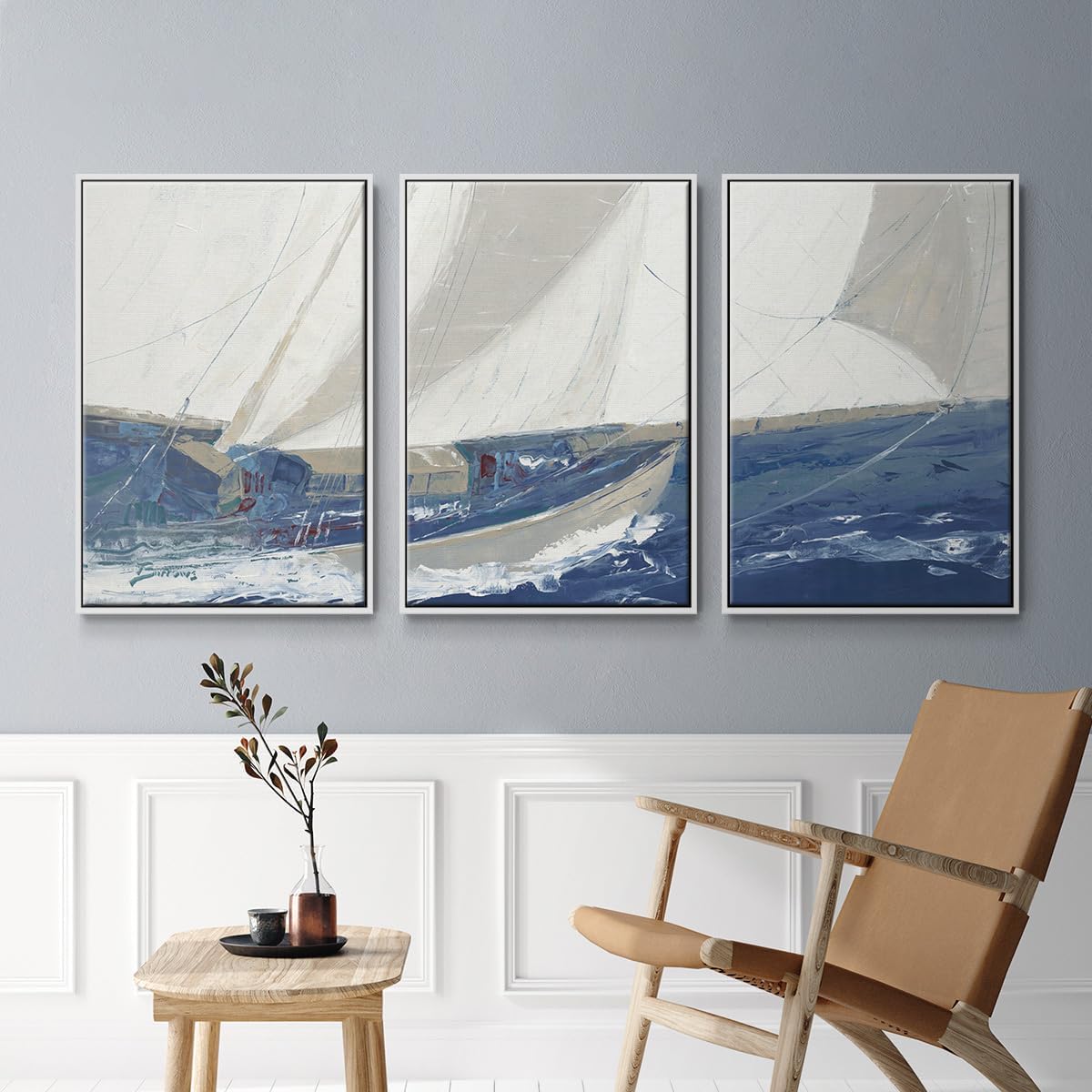 Renditions Gallery Seascape Wall Art Port to Port White Sailboat Painting Modern Ocean Artwork Picture Canvas Prints Wall Decor for Bathroom and Bedroom-White Floater Frame-24”x36”x 3 Panels, LS020