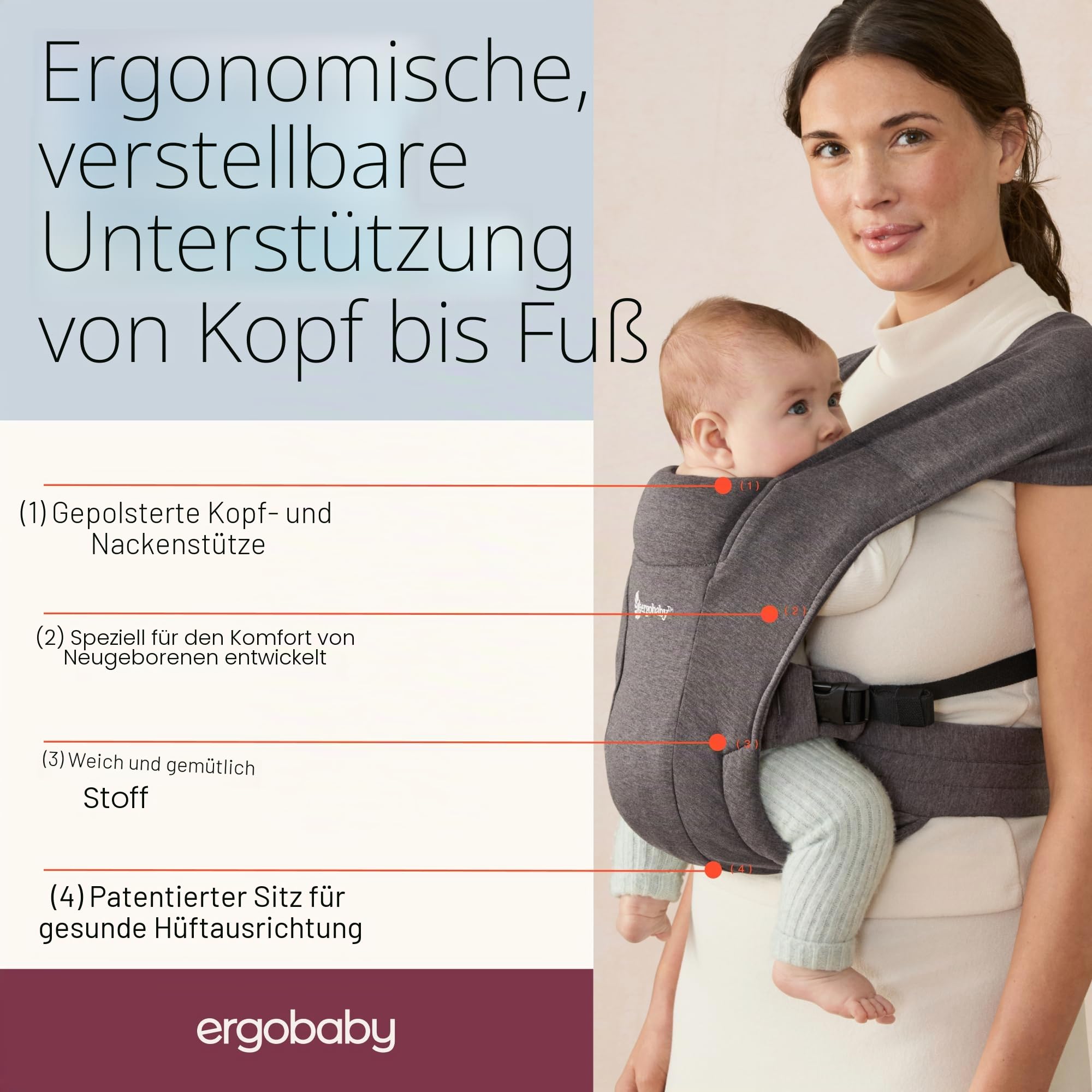Ergobaby Embrace Babytrage für Neugeborene 3,2-11,3 kg, Oxford Blue | Ergonomische 2-Positionen-Babytrage mit Kopf- und Nackenstütze, hüftgesunde Positionierung, passt 3,2-11,3 kg, Oxford Blau
