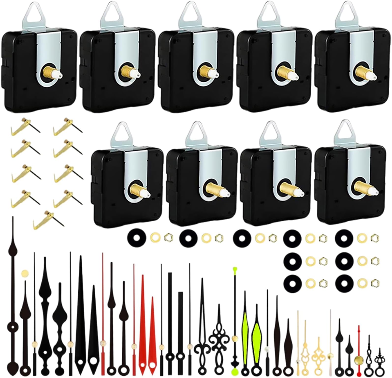 Clock Movement for Wall Clock, Pack of 9 Clocks for Self-Installation with Hands, Silent Movement Mechanism with 12 Decorative Hands, Clock Movement Replacement Mechanism for DIY Watch