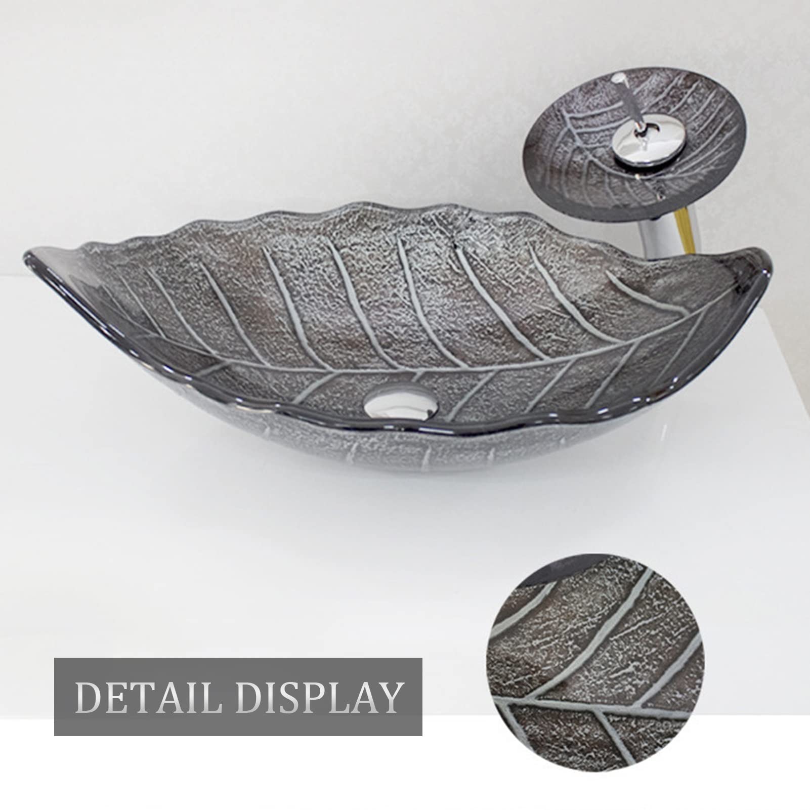 Lavandino in Vetro temperato Artistico con Rubinetto Cromato a Cascata Combinato e lavandino Pop-up con Scarico per lavabo (Colore: A, Dimensioni: 55x35x17,5 cm)