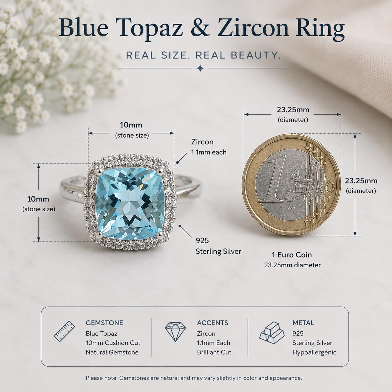 Anillo de plata esterlina con topacio azul y circón