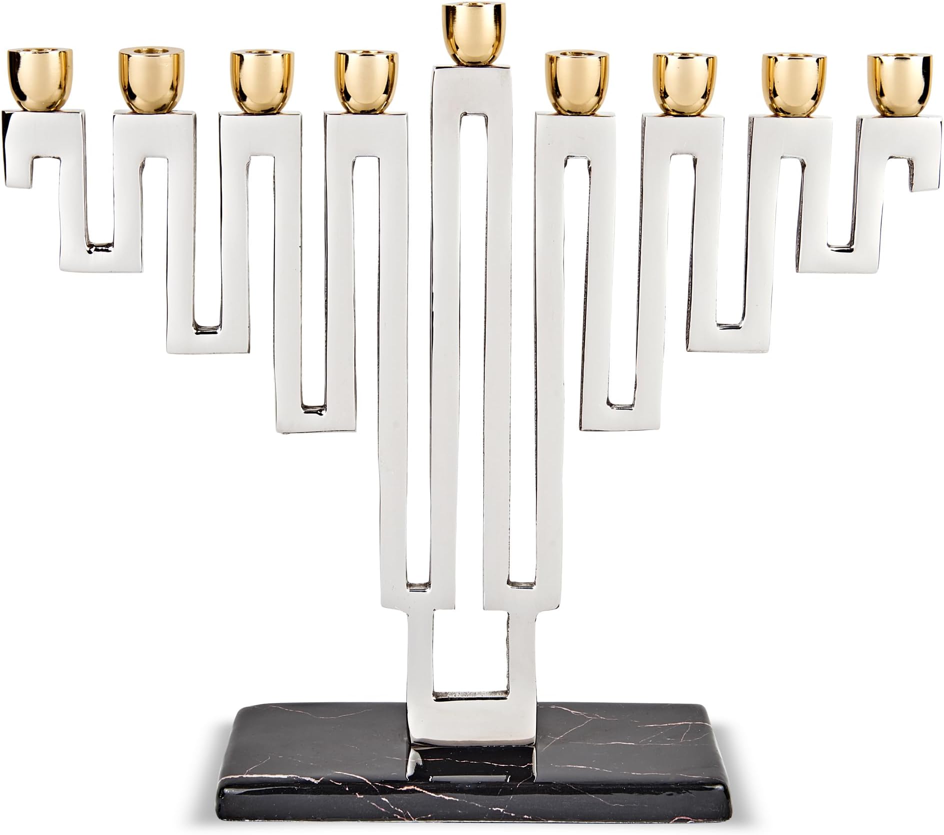 Zion Judaica LtdArtistic Nickel Plated Chanukah Candle Menorah Traditional Shape in a Modern Maze Hanukkiah Elegant Marble Decal Decorated Base fits Standard Hanukkah Candles by