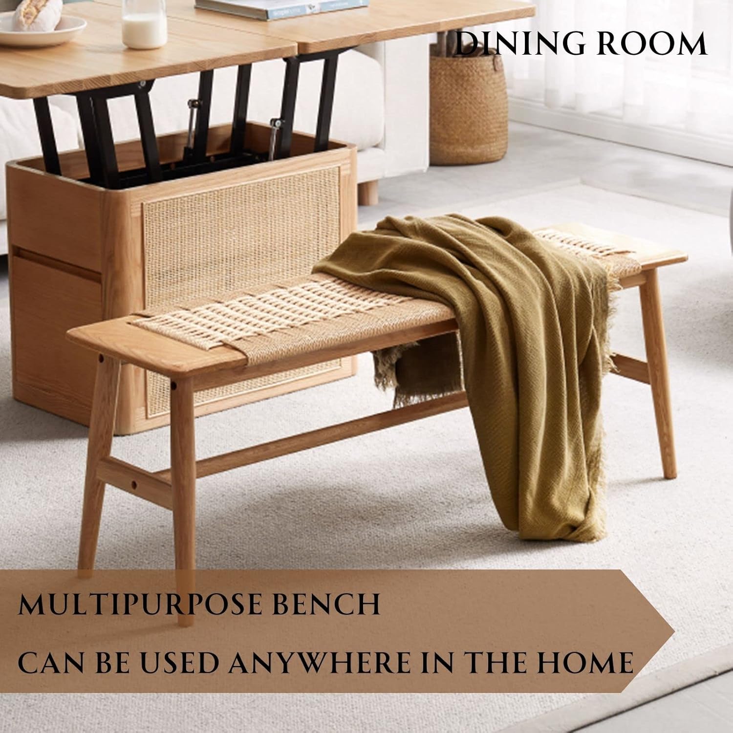 31.5'' Woven Dining Beach with 100% Solid Oak Wood Bench Frame, Hand Knitted Rope Designed Bed End Shoe Bench for Kitchen Bedroom Entryway, Beige