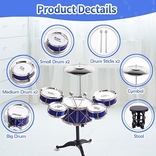 Miniatura 5 de Tinylife Juego de batería para niños, juguetes musicales con 5 tambores, taburete, palos y platillo, instrumentos musicales para niños de 2, 3, 4, 5