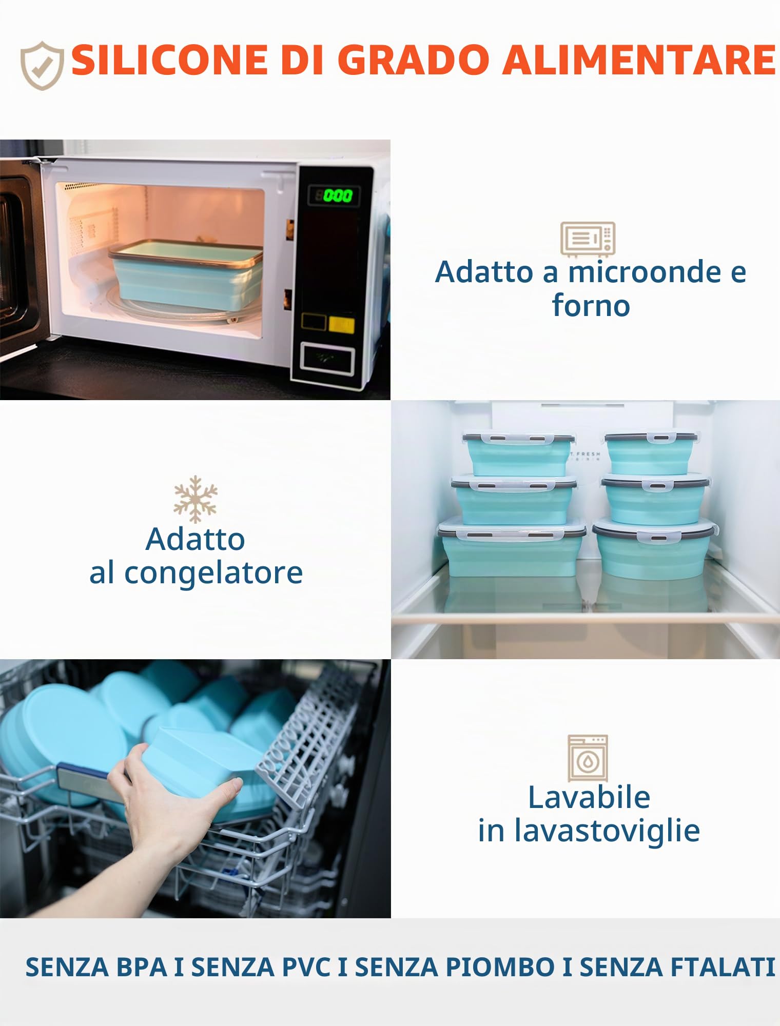 Lunememo Contenitori Pieghevoli Per Alimenti, Adatti al Congelatore e Alla Lavastoviglie, Contenitori per Pranzo in silicone, Adatto per Campeggio, Coperchio, 16 Pezzi, Blu