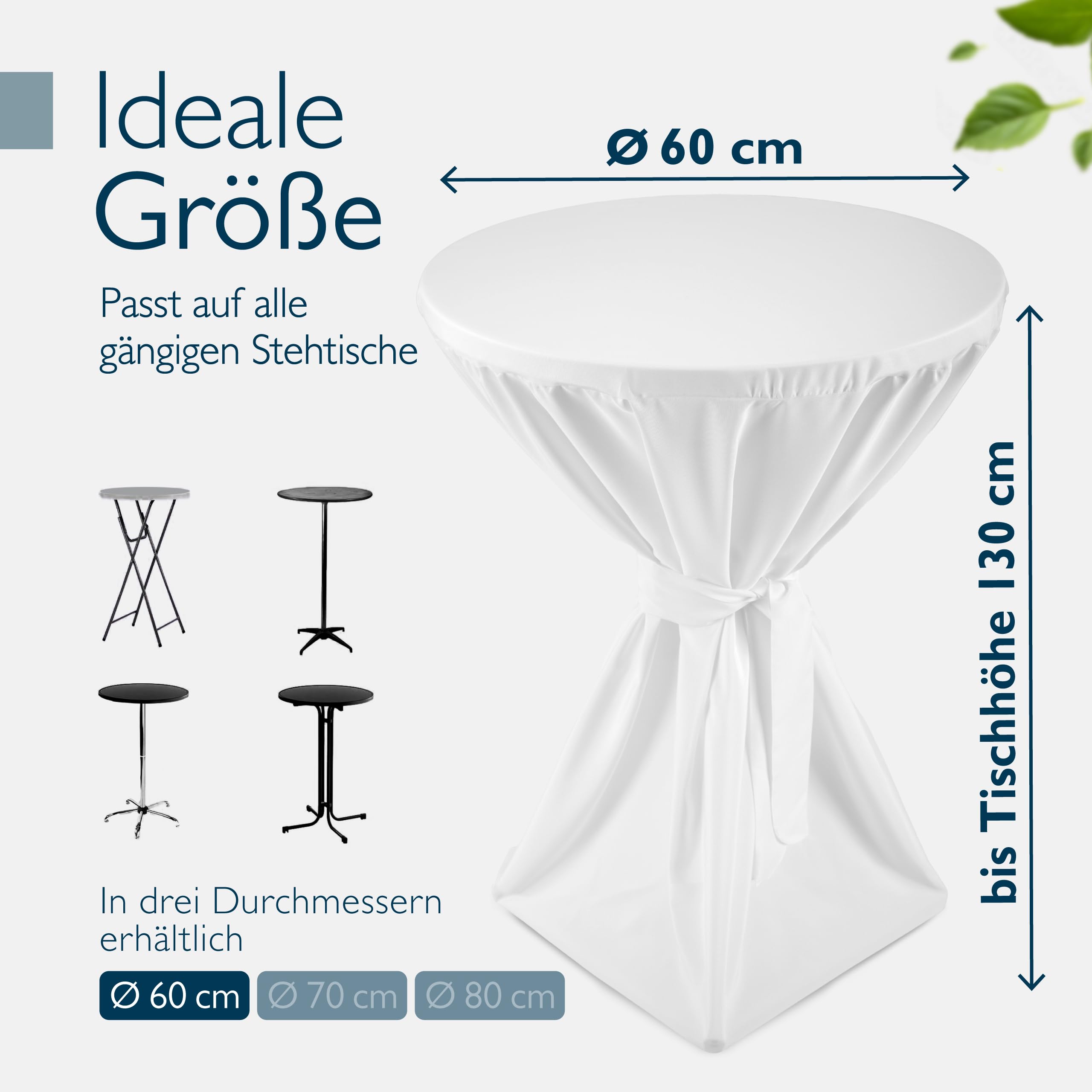 Beautissu Weißer Stehtisch klappbar 60 cm mit Premium Stehtischhusse Weiß & Schleifenband – Wetterbeständig Outdoor Bistrotisch rund Kratzfest UV-beständig – Husse rutschfest waschbar – Bellini