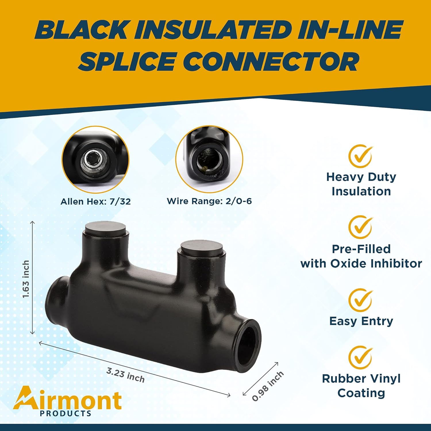 Black Insulated in-Line Splice Connector, 2-14 Wire Range, 2.46" L x 0.83" W x 1.4" H, Pre-Filled with Oxide Inhibitor, Easy Re-Entry, Rubber Vinyl Coating, 2 Set Screw (4, Wire Range: 2/0-6)
