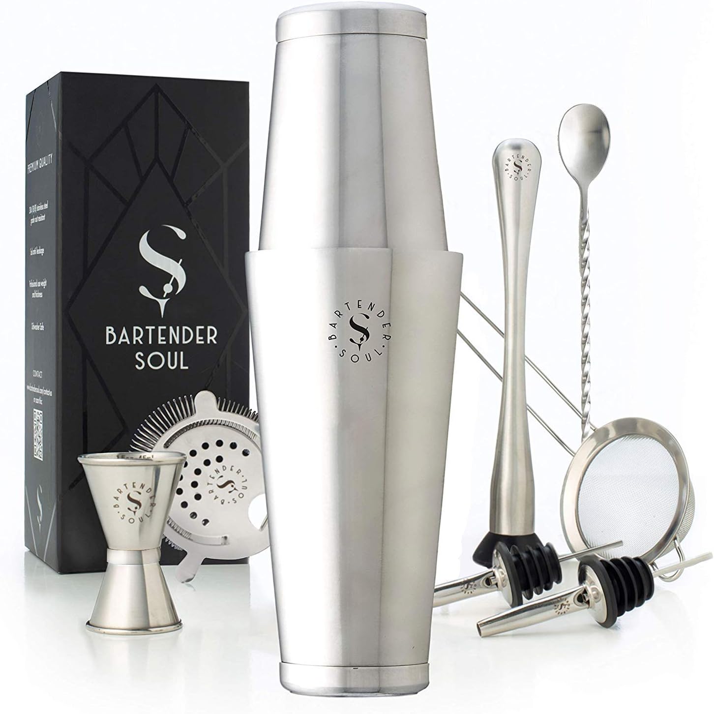 Professional Boston Cocktail Shaker Set - 18 & 28oz, 0.8mm and Double Flair - Strainers, Jigger Cup, Cocktail Spoon, Muddler and Pourers - Designed in High Quality Stainless Steel