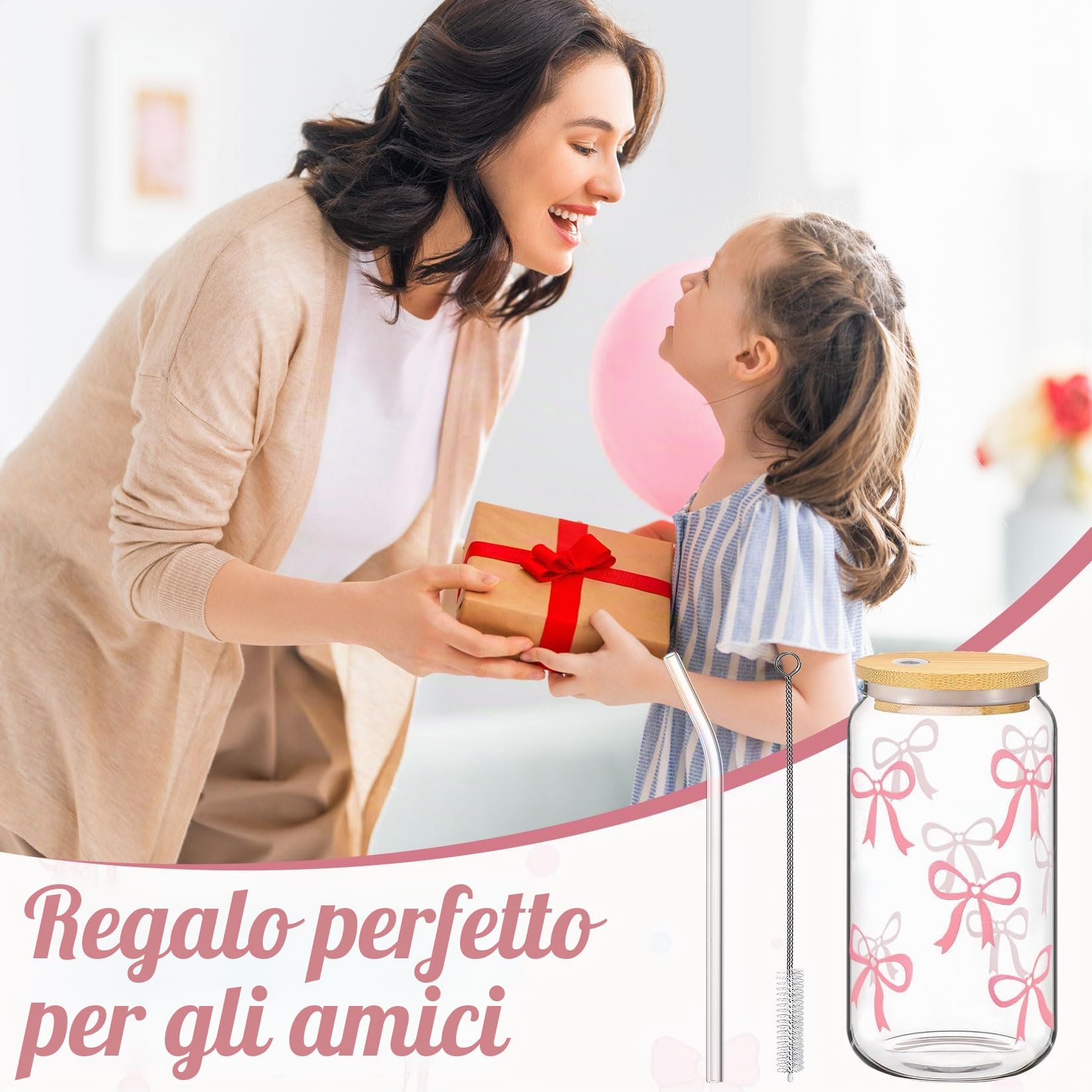 1 tazza di vetro Bow da 500 ml con coperchio e cannuccia da 16 once, per caffè, bibite, cocktail e molto altro ancora