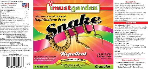 I Must Garden Snake Repellent: Powerful All-Natural Protection 3 lb. Granular Shaker Jar