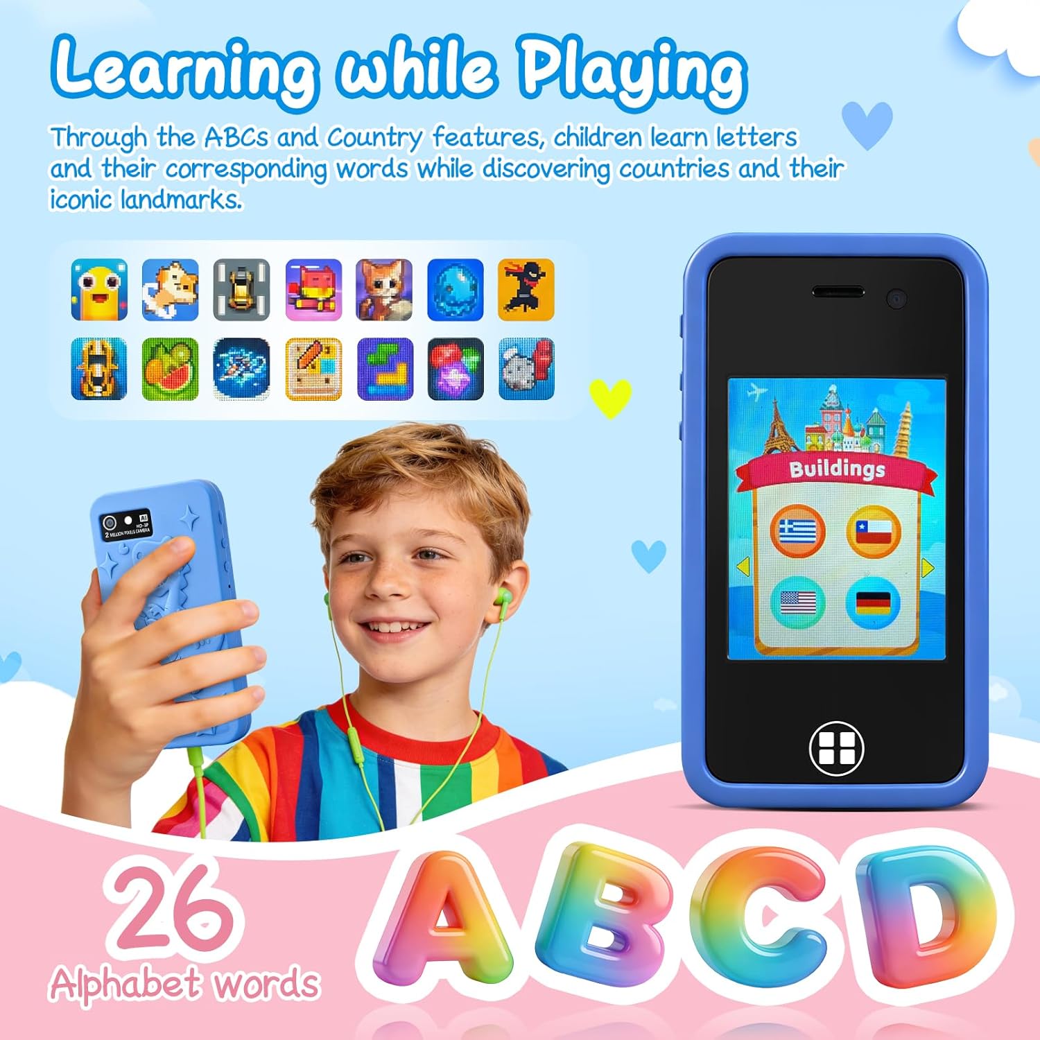 E-MODS GAMING Kids Smart Phone Toy with 16GB SD Card & Drop-Proof Silicon Case | 3.0" Touchscreen, Dual Camera, MP3, 14 Educational Games, Parental Control, Habit Tracker