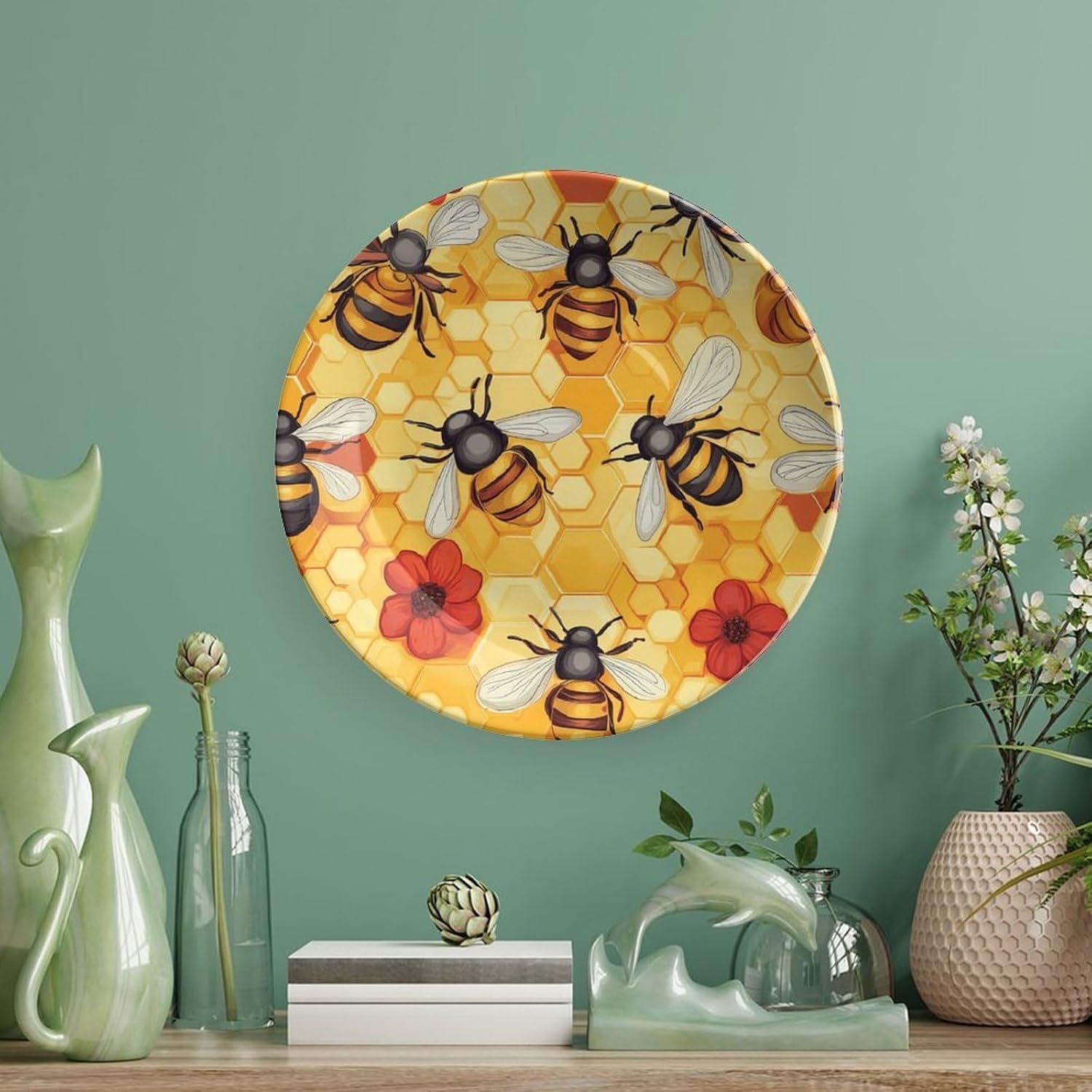 Bees Honeycomb Flowers Bone China Decorative Plate with Stand Home Dessert Plates Gift for Men Women 6inch