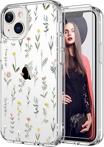 ICEDIO Funda para iPhone 13 con protector de pantalla, funda transparente de ajuste delgado con diseños de moda para niñas y mujeres, funda