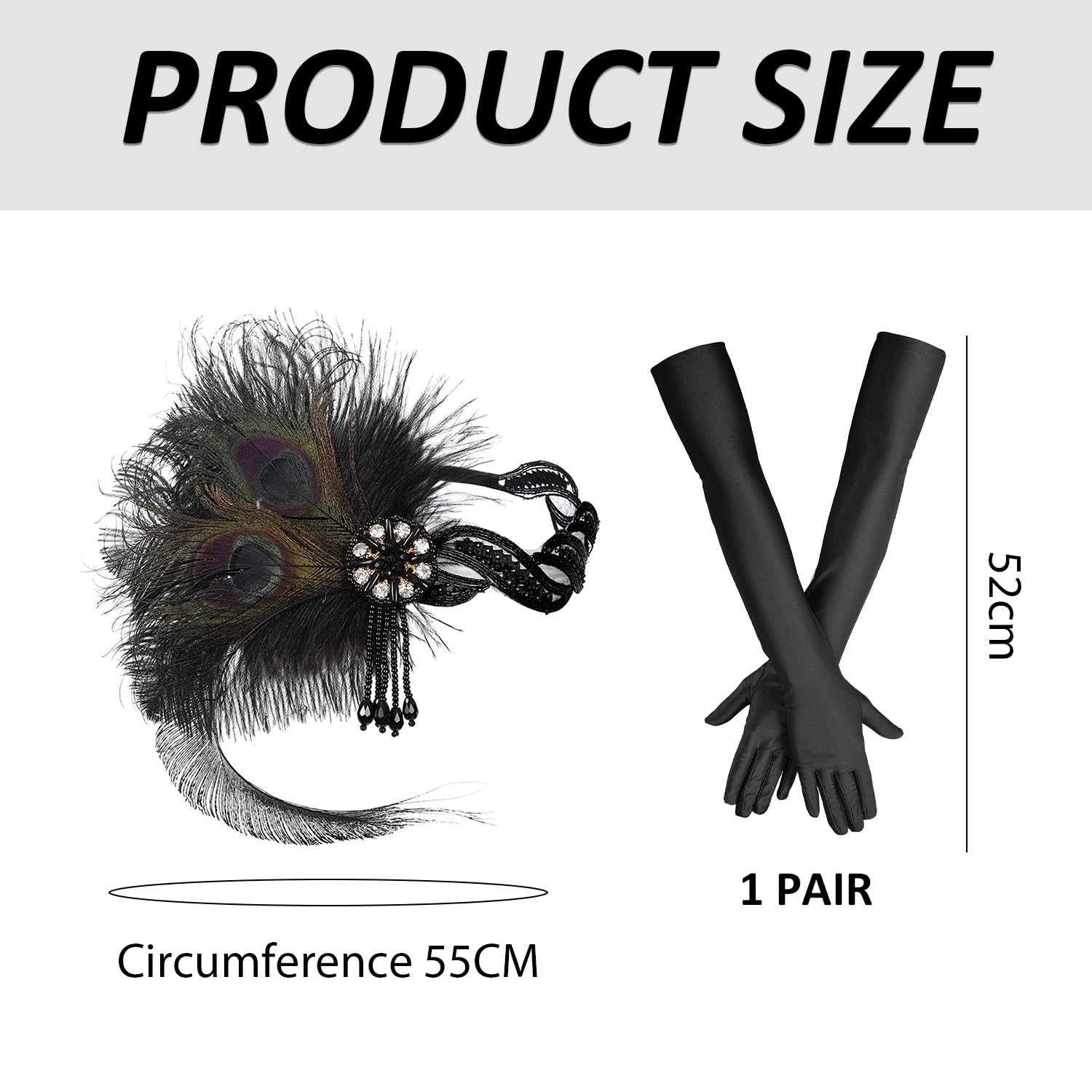 1920s Feather Headband - Modern Women's Accessory, 1 Pair of Gloves, Women's Hair Accessory, Black, 52cm - Image 2