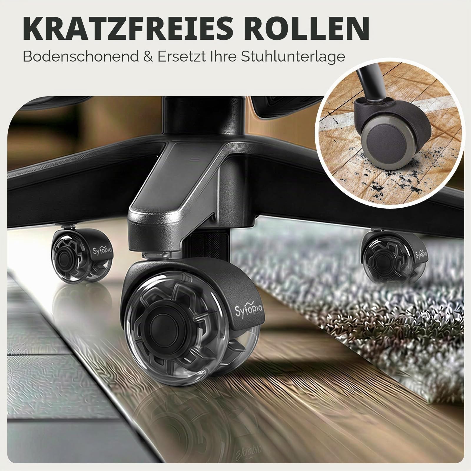 Glatte Gummi Bürostuhl Rollen, 5er Set Rollen für Bürostühle, Hartbodenrollen für Bürostuhl Stuhlrollen Ersetzen Bodenschutzmatte, Leise und Weiche Stuhlrollen mit 11x22mm (Nicht für 1KEA), Schwarz