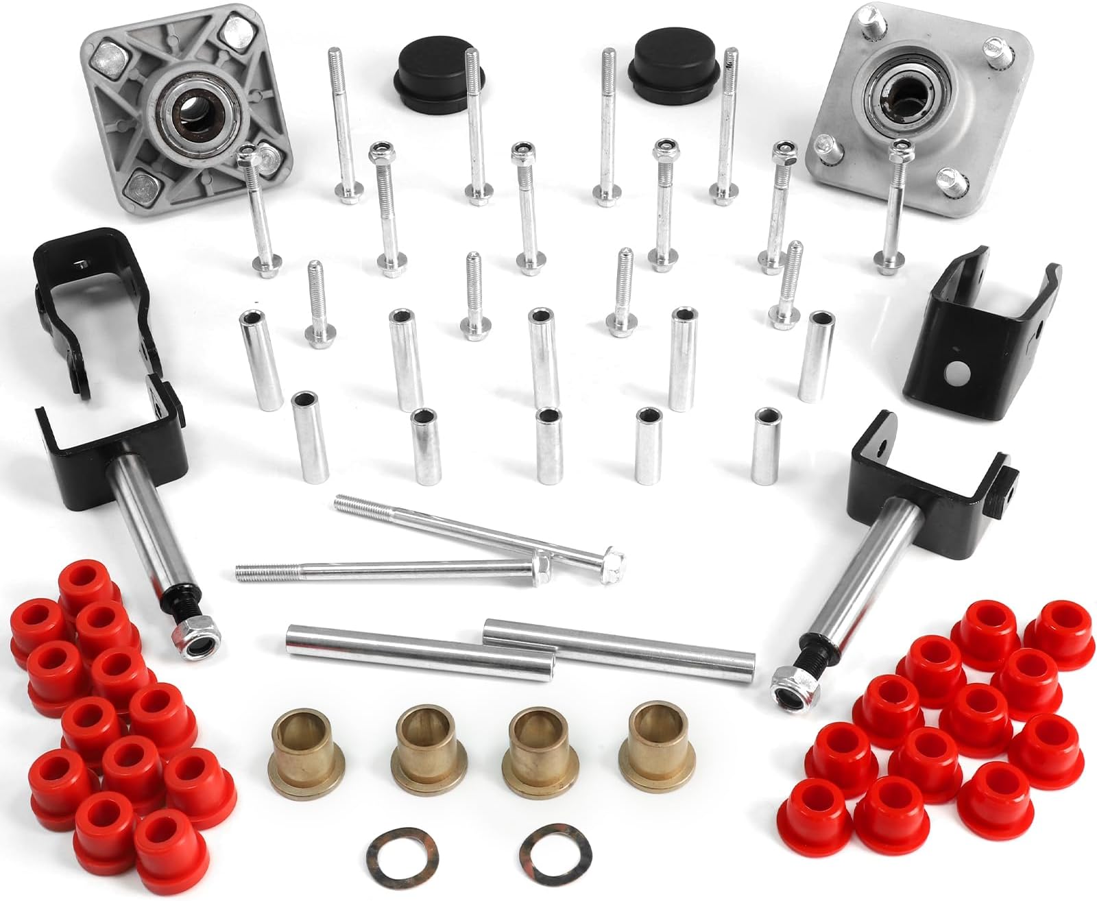 Golf Cart Front and End Repair Bushing Kits for 2004-Up Club Car Precedent, Deluxe Front & Rear Rebuild Kit with Wheel Hub Bearing Bushings, King Pin, Polyurethane Sleeves, Steel Plate Screws