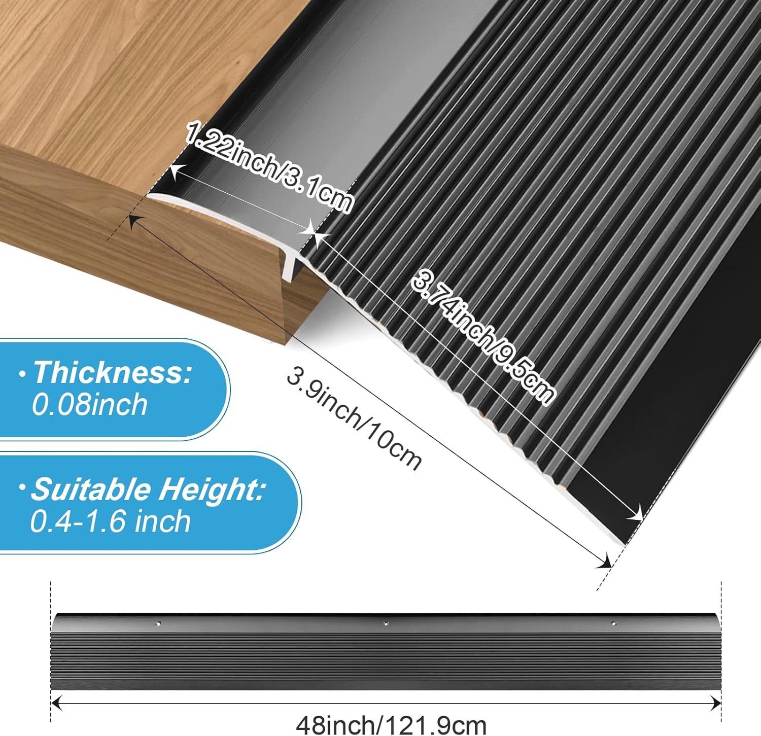 Raytano 48in Aluminum Floor Transition Strip for Threshold Height 0.4-1.6", Metal Reducer Moulding Door Threshold for Tile Wood Carpet Laminate Vinyl Flooring, Size 48"×4"×0.35"(Black,1pcs)