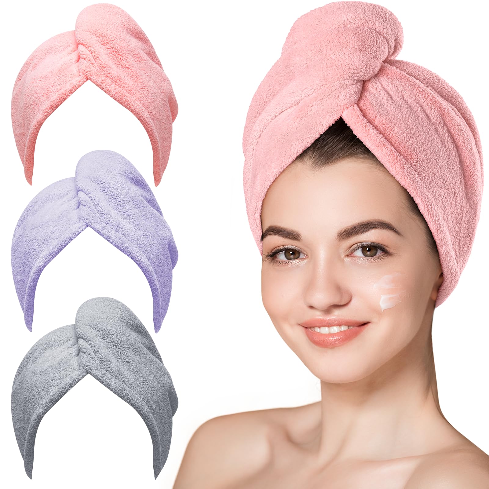Hicober Microfiber Hair Towel, 3 Packs Hair Turbans for Wet Hair, Drying Hair Wrap Towels for Curly Hair Women Anti Frizz (Pink,Purple,Grey)