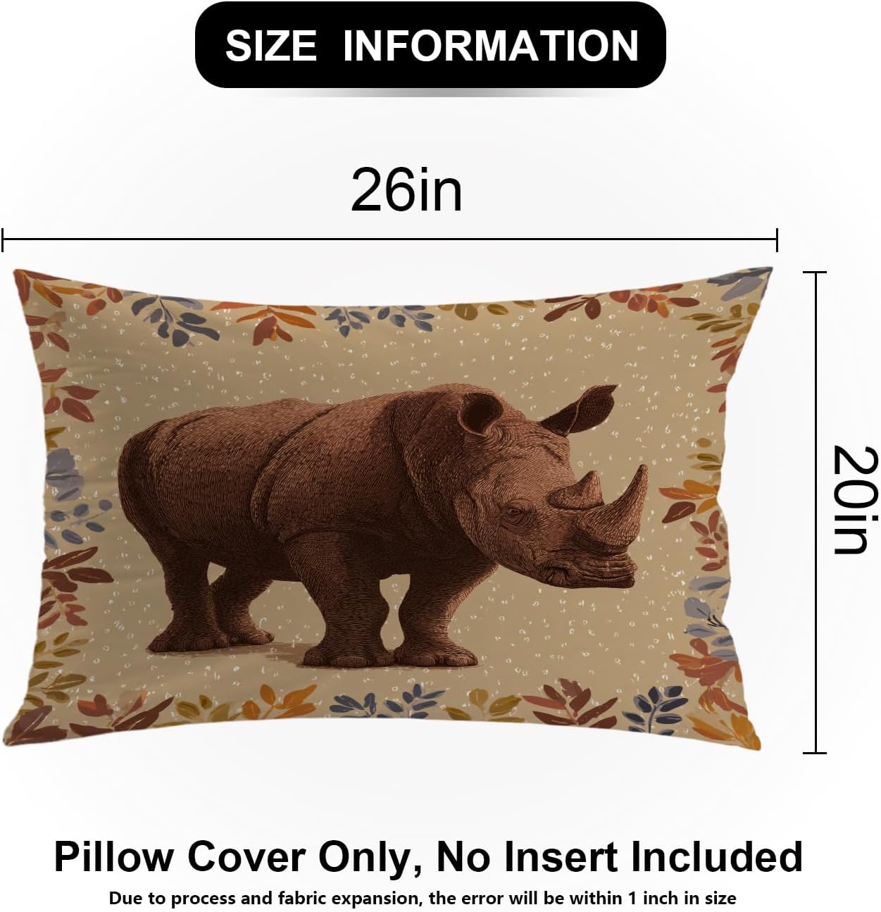 Shrahala Wild Rhinoceros Pillowcases, Rhinoceros in Floral Border Lumbar Pillow Cover Decorative Blended Double-Sided No Inserts for Bedroom Sofa Living Room Set of 2 (26 x 20 in)