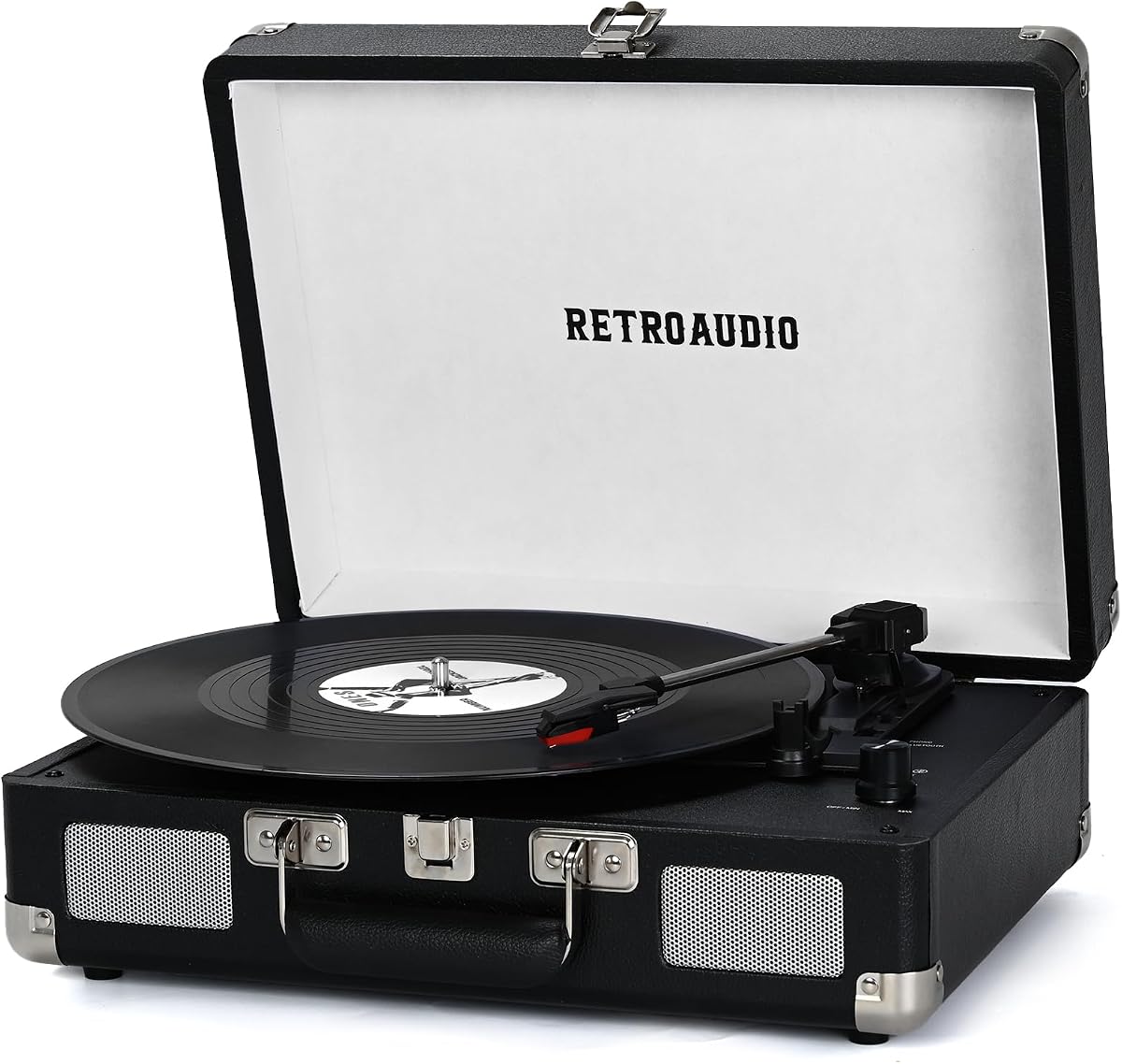 Reproductor de discos de vinilo Maleta portátil Bluetooth de 3 velocidades Reproductor de discos accionado por correa con 2 parlantes estéreo incorporados Reproductor de discos de fonógrafo con tocadiscos vintage de vinilo con salida de línea RCA, salida AUX (negro)