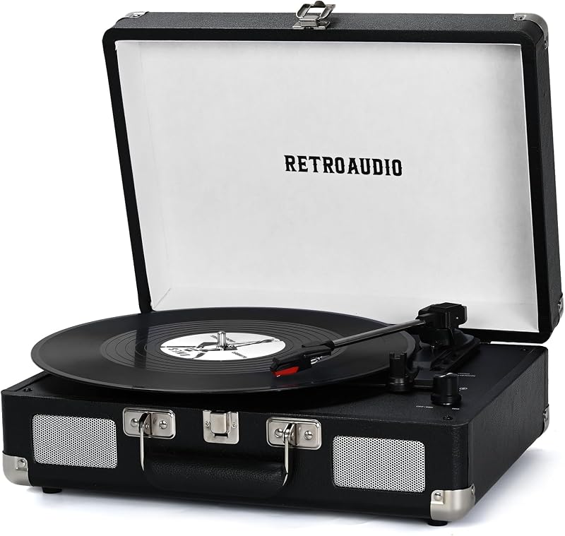 Reproductor de discos de vinilo valija portátil Bluetooth de 3 velocidades Reproductor de discos accionado por correa con 2 parlantes estéreo incorporados Reproductor de discos de fonógrafo con tocadiscos vintage de vinilo con salida de línea RCA, salida AUX (negro)