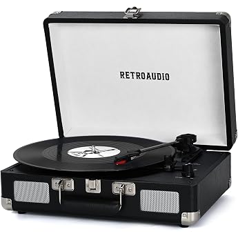 Vinyl Turntable 3 Speed Bluetooth Portable Case Turntable with Belt Drive and 2 Built-in Stereo Speakers Vinyl Vintage Record Player with RCA Line Out Aux-Out Black