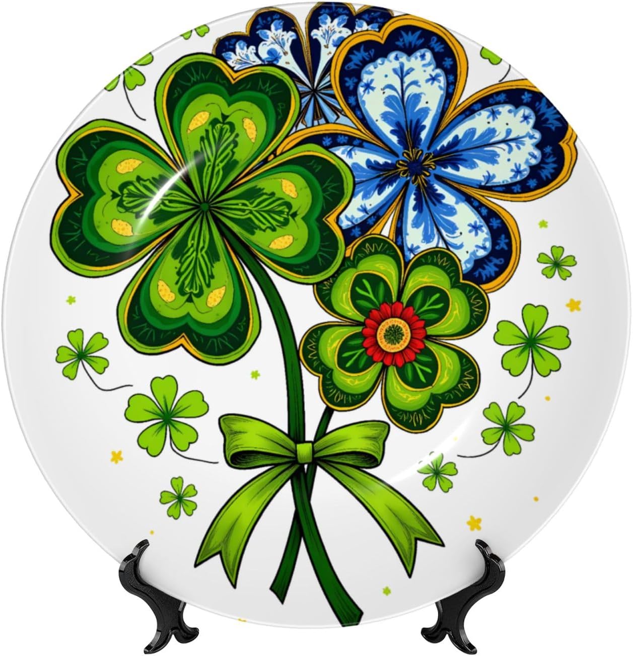 Saint Patrick Green Bow Style Ceramic Plate Display Decorative Plate With Stand Wall Hanging Plate For Home Decor 10 Inch