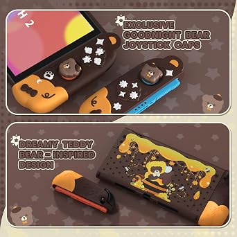 PlayVital Good Night Bear Dockable Case for Nintendo Switch 2 with Stand | Split Design Silicone Joycon Grips, PC Console Hard Shell, 2 Joystick Caps | Cute Protective Cover Bundle Brown