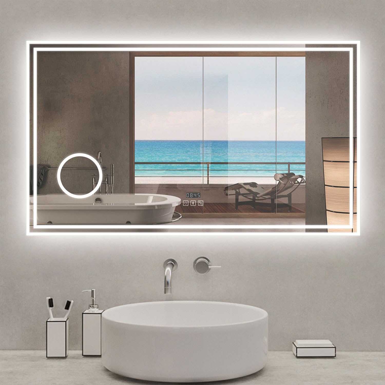 Espejo de baño con luz LED,120 x 70 cm, AICA Espejo, con luz led 3 Colores, función antinieble, Memoria agapada, billo Ajustable Bluetooth, Lupa con Aumento de 3X y Reloj Digital. Diseño Moderno.