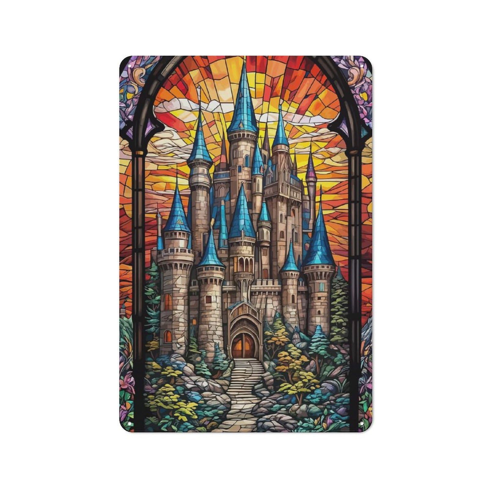 Junmoney Castle Stained Glass Retro Tin Sign 30X20cm For Bar Or Restaurant, For Collectors Of Retro Metal Wall Decor