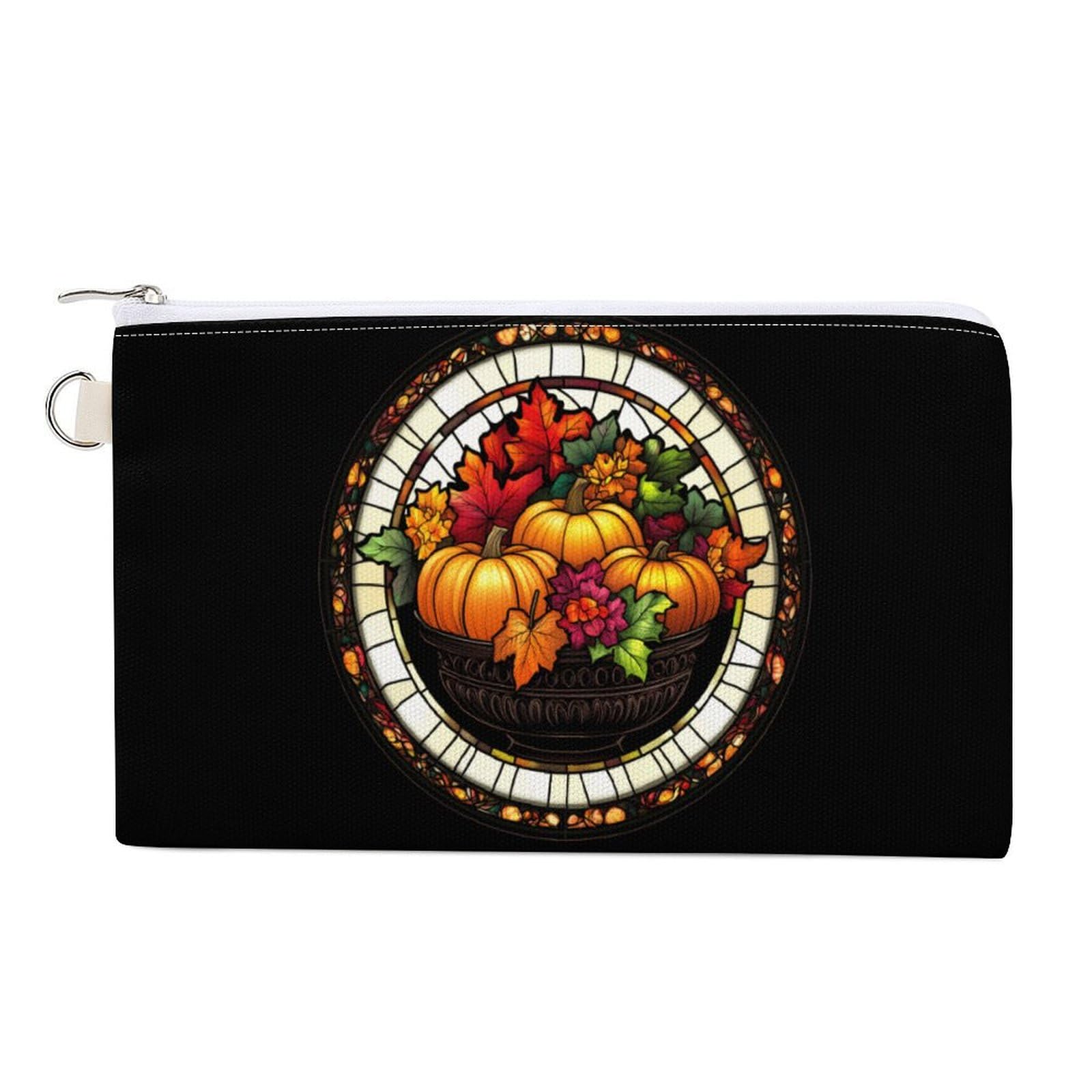 Halloween Pumpkin Autumn Leaves Coin Purse Canvas Change Pouch Portable Pocket Wallet Mini Storage Bag with Zippered Keychain