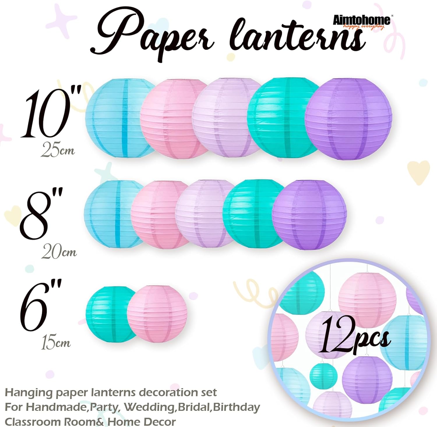 Pastel Paper Lanterns Set (12 Pcs) - 6/8/10 Inch Nilan, Pink, Purple, Lavender & Blue Round Hanging Paper Lanterns for Party Decor, Baby Showers, Weddings & Bedroom Accents