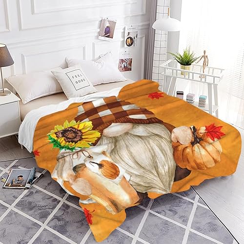 Miniatura 3 de JOOCAR Manta de franela de otoño con diseño de hojas de arce de dibujos animados, gnomo de otoño, naranja, acogedora manta de felpa suave para cama