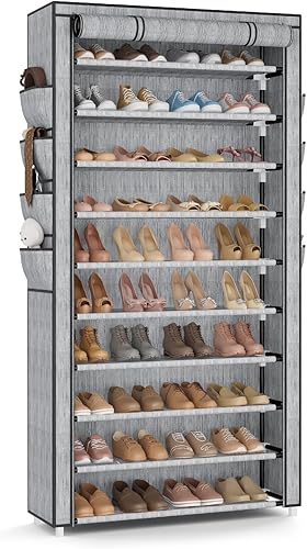 VTRIN Zapatero alto con tapa, organizador de zapatos de 10 niveles para 50-55 pares de zapatos y botas, estante de zapatos de gran capacidad con 8