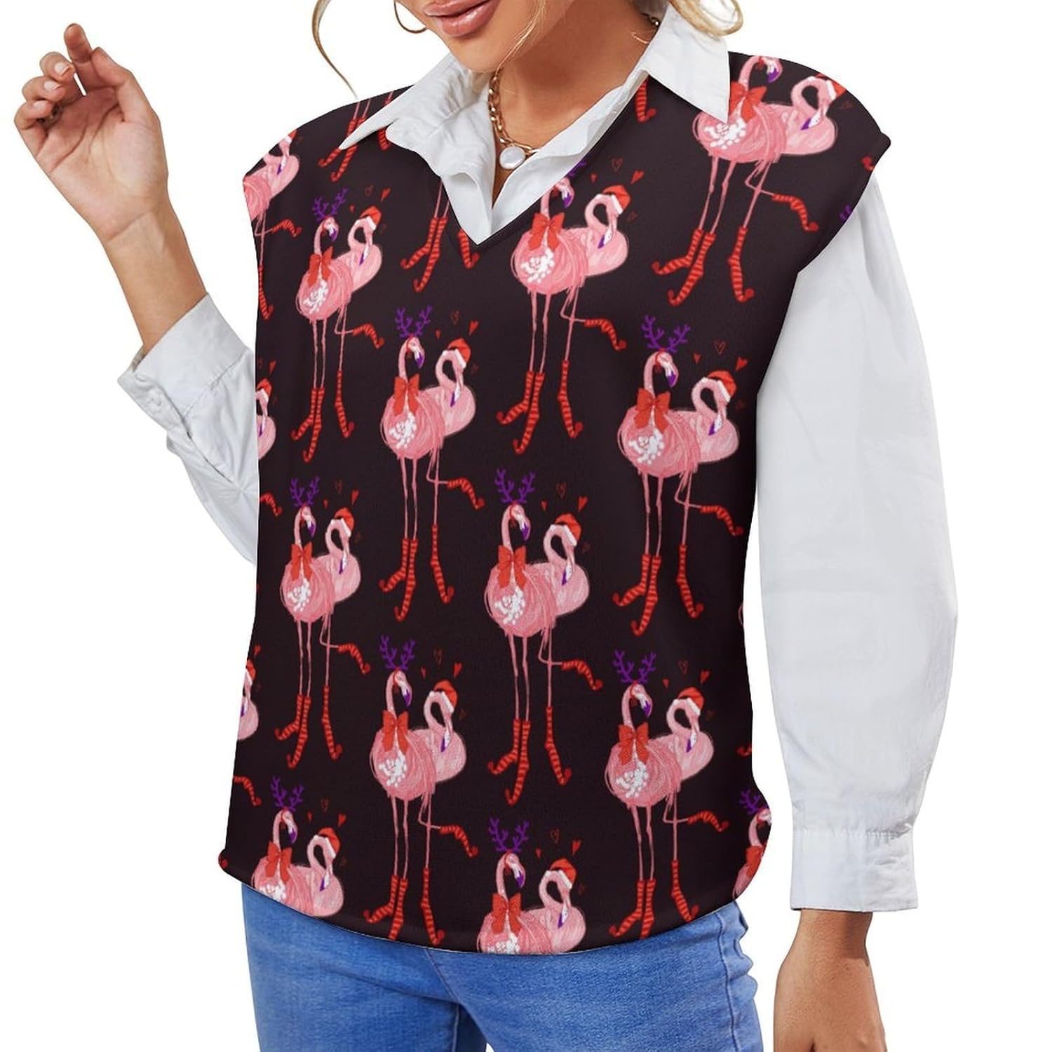 Christmas Santa and Deer Flamingo Womens V Neck Sleeveless Loose Sweater Vest Casual Pullover Tank Tops