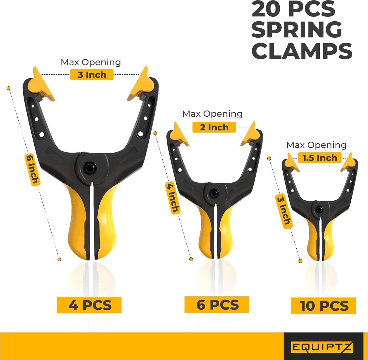 EQUIPTZ Spring Clamps for Woodworking, Crafts, Backdrop and Pool Cover, 20-Pack Spring Clamp Set with 4 Pcs of 6-inch, 6 Pcs of 4-inch & 10 Pcs of 3-inch Clamps, Extra Wide & Non-Detachable Jaw Pads