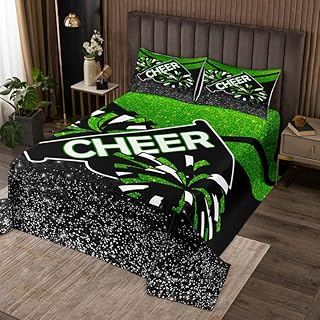 Feelyou Green Cheer Bedspread Dreamy Girly Gymnastic Sports Quilted Coverlet for Kids Boys Girls Gymnastics Lovers Coverlet Set Cheer Sports Glitter Quilted Room Decor King Size