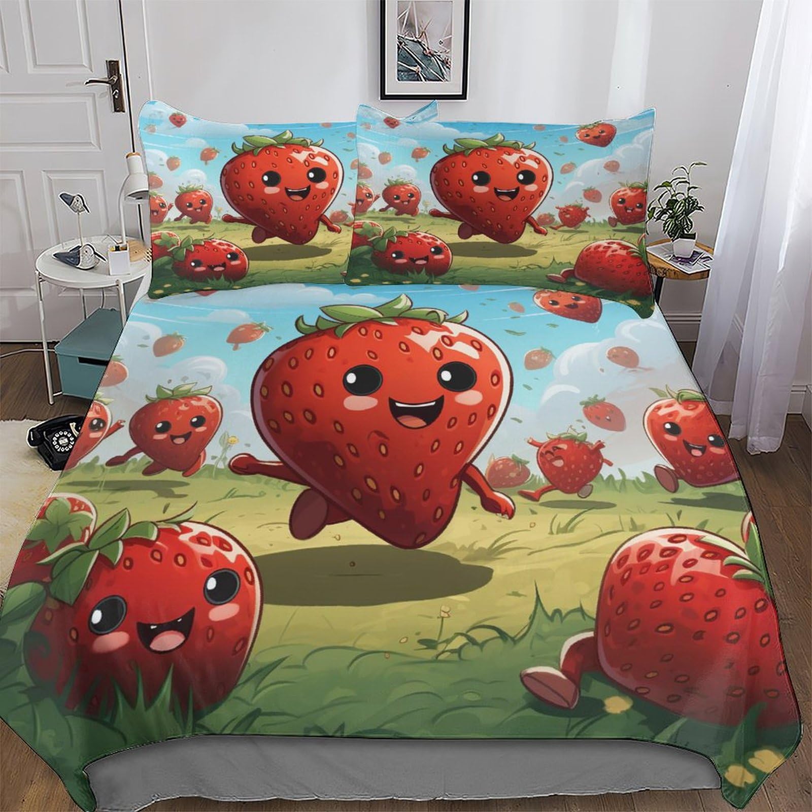 Ensemble housse de couette fraise 3 pièces lit 220x240 pour enfant et adolescent