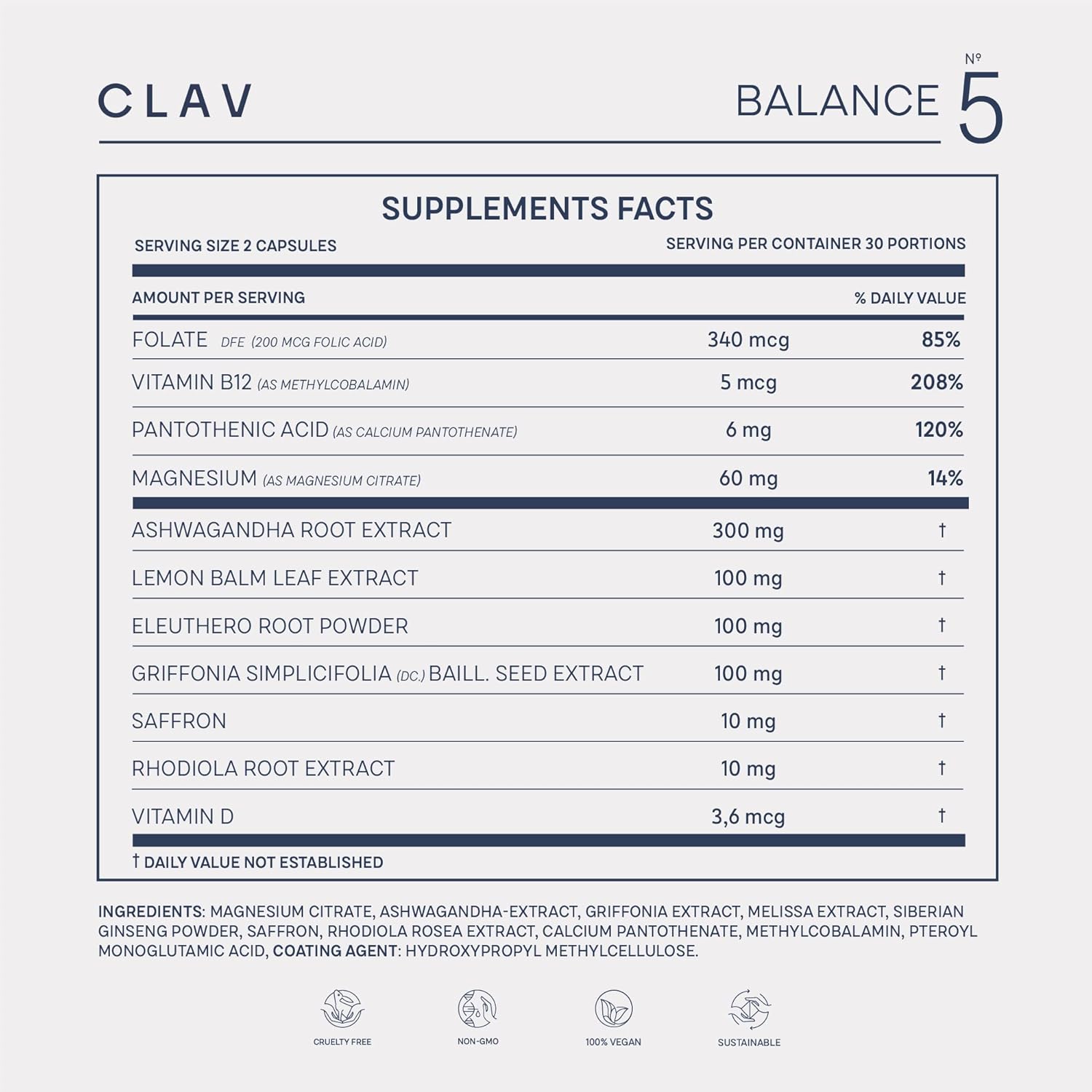CLAV Mood Support Supplement - with Ashwagandha + Saffron Extract + 5-HTP Griffonia + Siberian Ginseng + Rhodiola rosea - 60 Capsules - Image 8