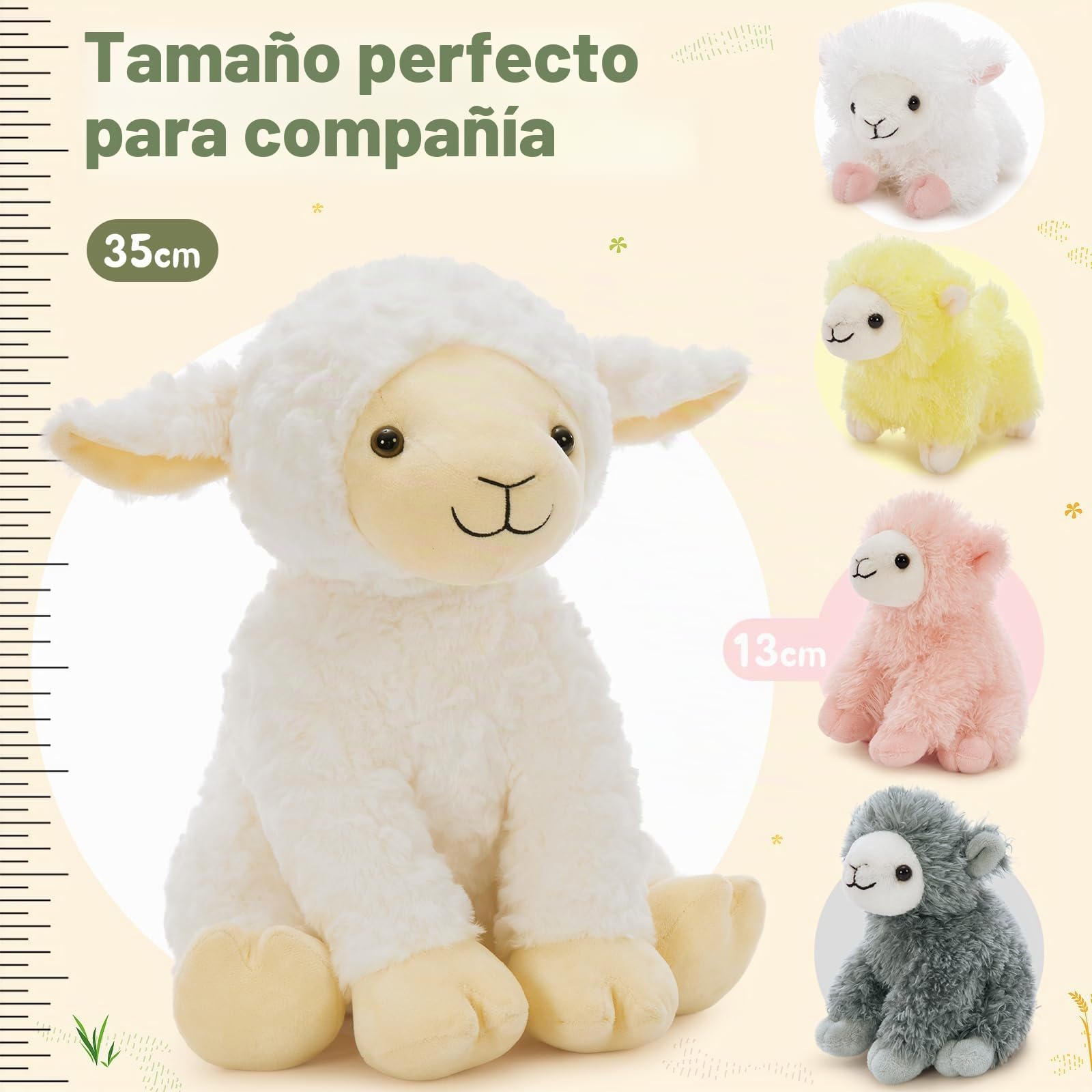 MorisMos Oveja de peluche XXL con 4 corderos en el vientre, 35 cm de alto, oveja de peluche, regalo de cumpleaños o Navidad