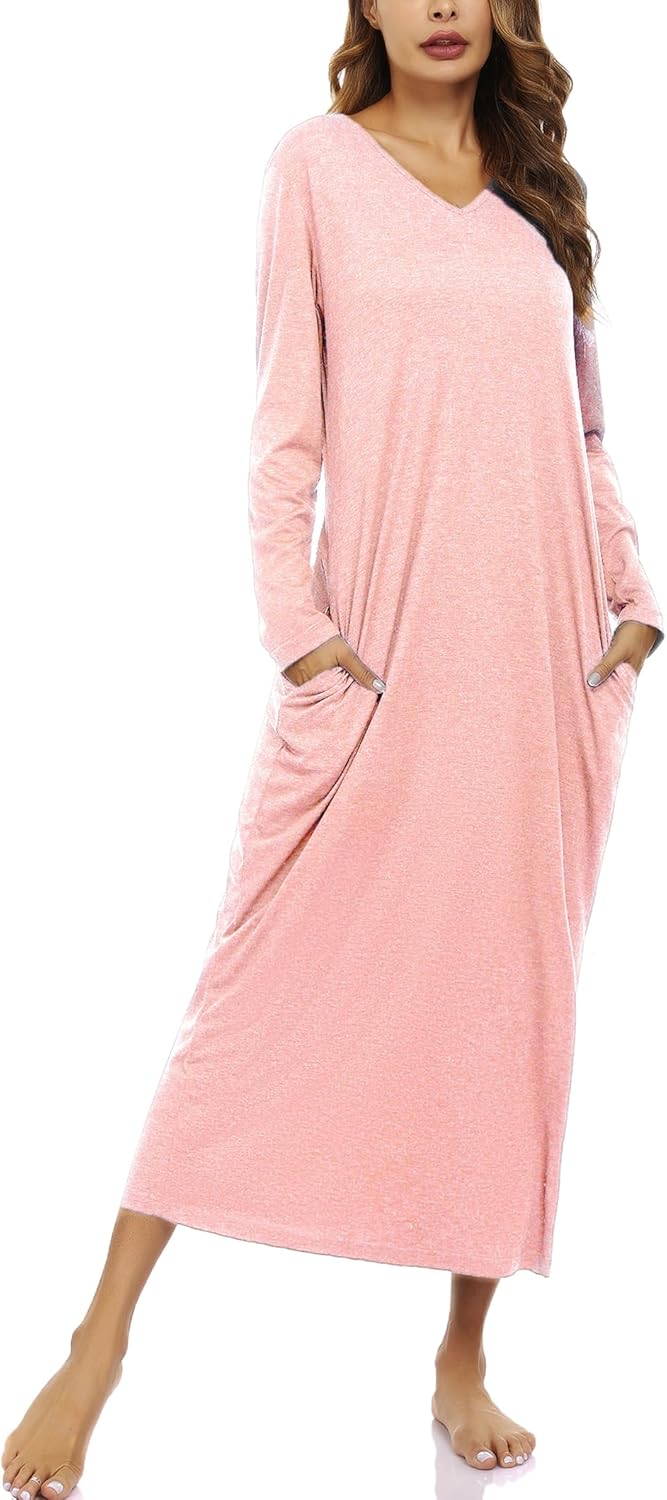 Marvmys Women Cotton Long Nightgowns Long Sleeves Nightshirts V Neck Full Length Sleep Shirts with Pocket