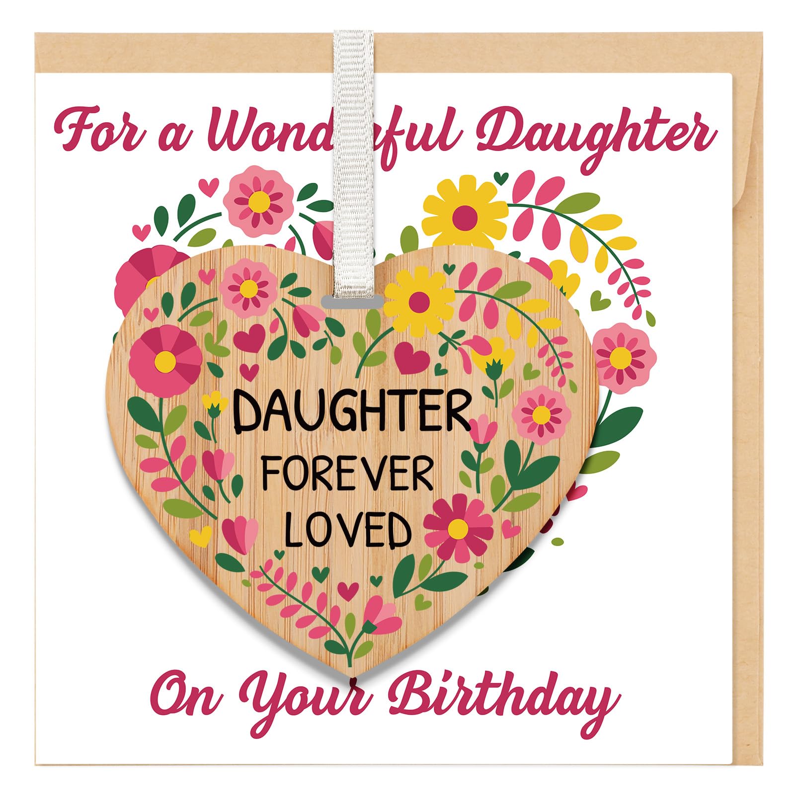TheGiffter Daughter Birthday Cards with Envelope,Gift Daughter Girl Her, Sentimental Poem and Floral Design with Wooden Heart Plaque,Happy Birthday Card My Girl