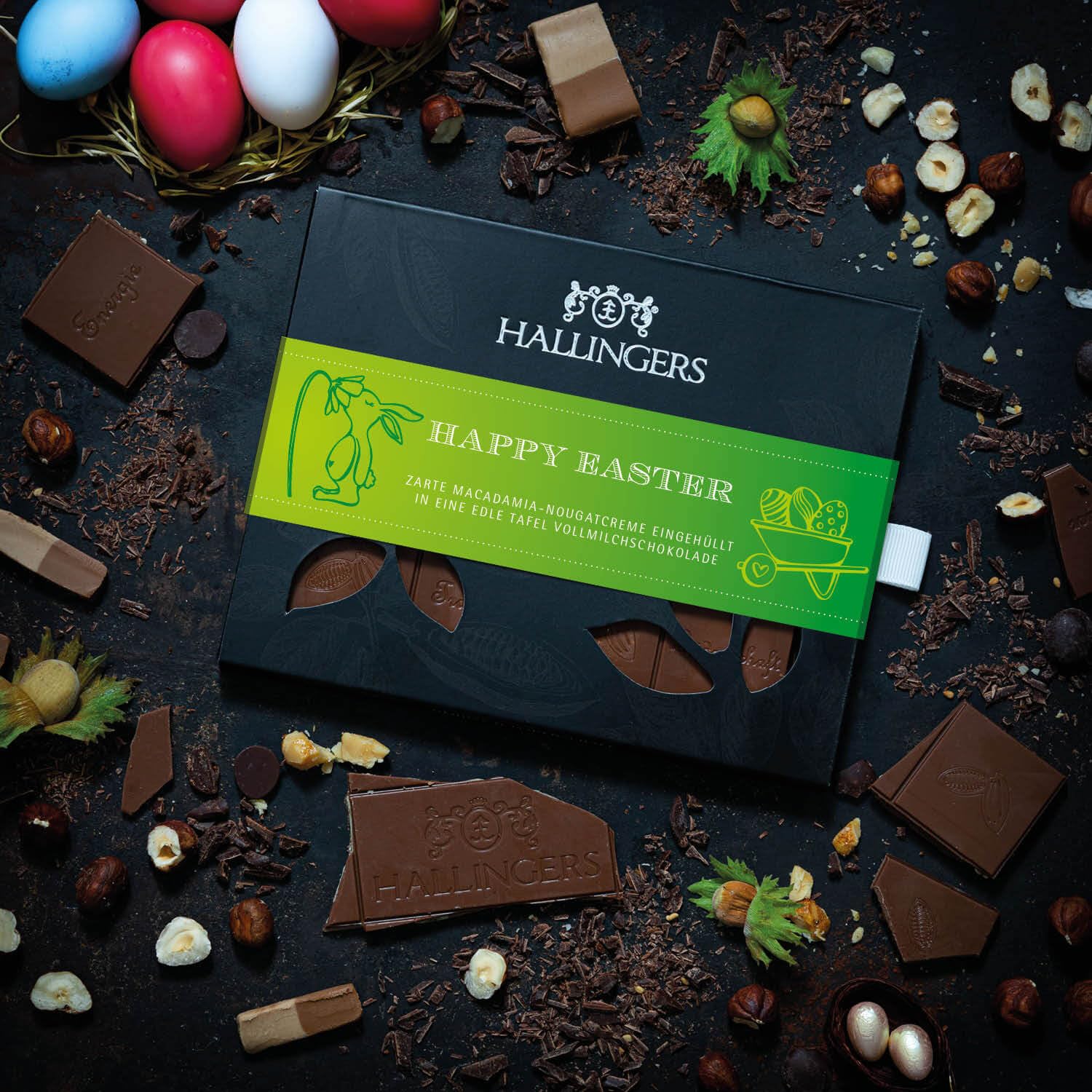 Hallingers Genuss Manufaktur Feinkost Oster-Geschenk-Set - XXL-Geschenkkorb "Easter Box yellow" großes Osternest 4 Schokoladen-Tafeln & 60 Pralinen-Ostereier, Ostern Körbchen für Frauen Männer