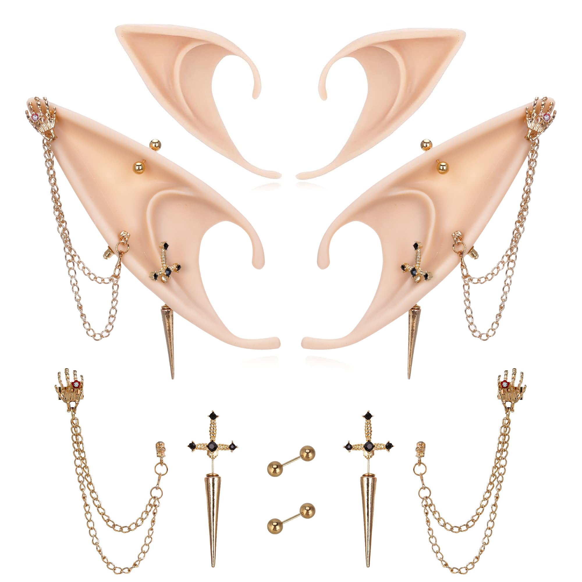 FRESHME Gothic Elf Ears with Sliver Piercings Set, Renaissance Fairy Ear Cuffs with Skull Earrings