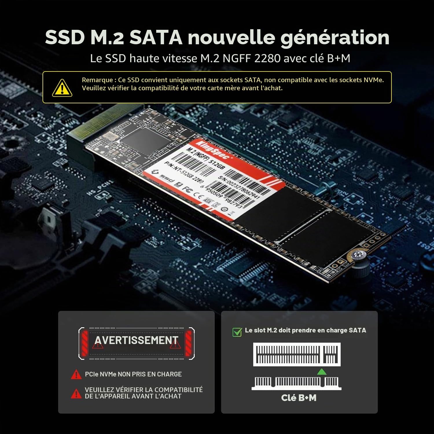 KingSpec SSD 1To M2 SATA 2280, 3D NAND Flash, Interne Disque Dur SSD SATA III 6Gb/s, Compatible avec Desktop et Laptop