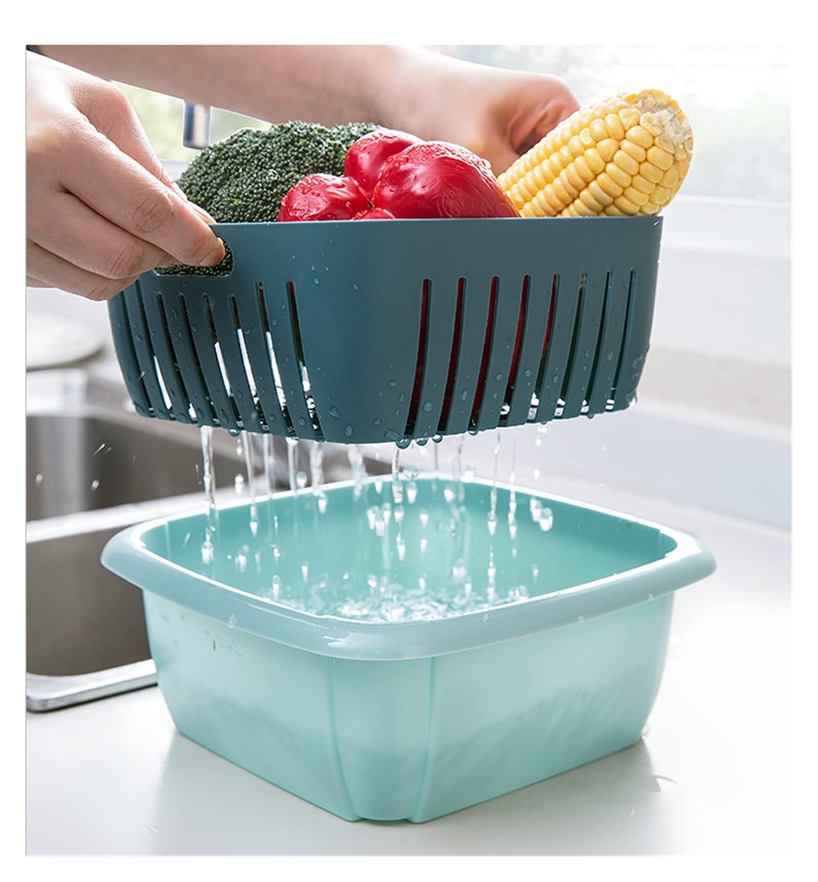 Colador de Cocina Tazón de canasta de drenaje con tapa Cuadrado Fruta Vegetal Cuenca Cesta de lavado Cocina Sellado Fresco Mantenimiento de almacenamiento Caja de almacenamiento Juego de Crisper Colad