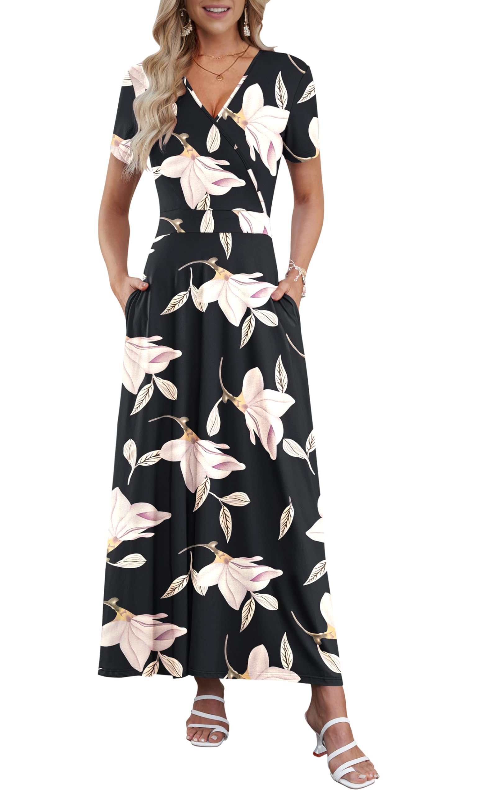 AUSELILY Maxi Dresses for Women Ankle Length Floral Print Beach Long Flowy Dress with Pockets