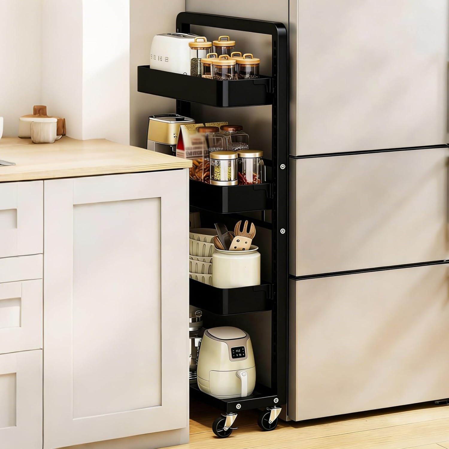 Slim Storage Cart, Slim Bathroom Storage Cabinet with Wheels, Rolling Organizer for Narrow Spaces, Spice Rack for Bathroom, and Small Kitchens(Black,8x17.7x28.2in)